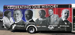One side of Danville Transit System&apos;s bus wrapped to celebrate Black history over a 150-year time frame.