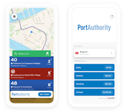 Screen shots of the mobile ticketing and route planning capabilities within the Transit app that is part of the Port Authority of Allegheny County&apos;s Ready2Ride three-month pilot project.
