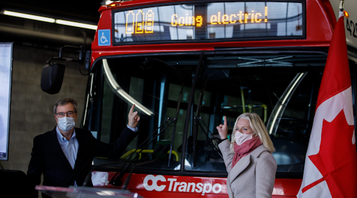 Ottawa Mayor Jim Watson and Canada's Minister of Infrastructure and Communities Catherine McKenna at an event on March 4 announcing funding for the transit electrification transition. Ottawa Mayor Jim Watson and Canada's Minister of Infrastructure and Communities Catherine McKenna at an event on March 4 announcing funding for the transit electrification transition.