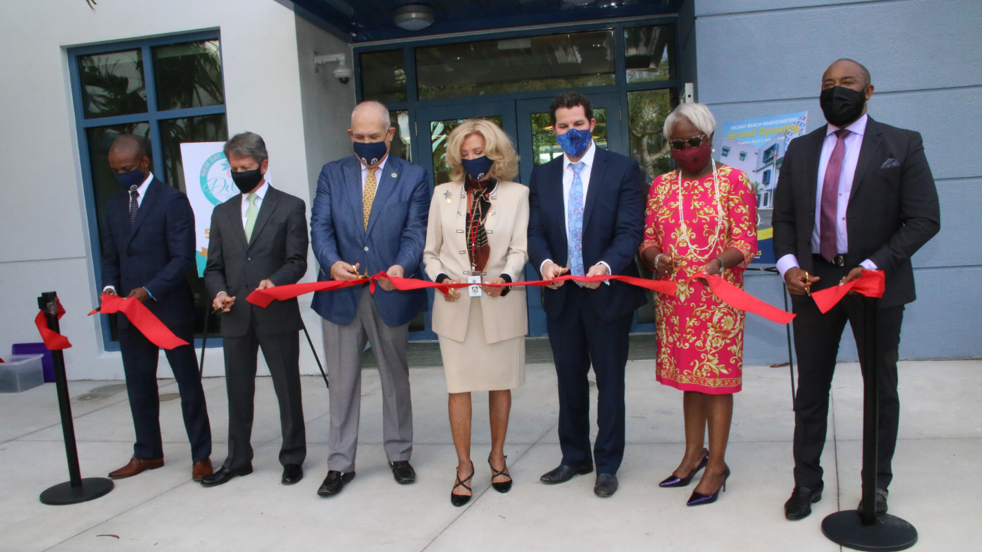 Left to right: Commissioner Mack Bernard, Commissioner Gregg K. Weiss, Vice Mayor Robert Weinroth, Commissioner Maria Sachs, Assistant County Administrator Todd J. Bonlarron, County Administrator Verdenia C. Baker and Palm Tran Executive Director Clinton B. Forbes.