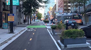 Protected bi-directional bike lanes on Richards in Vancouver, B.C./Credit: City of Vancouver, BC