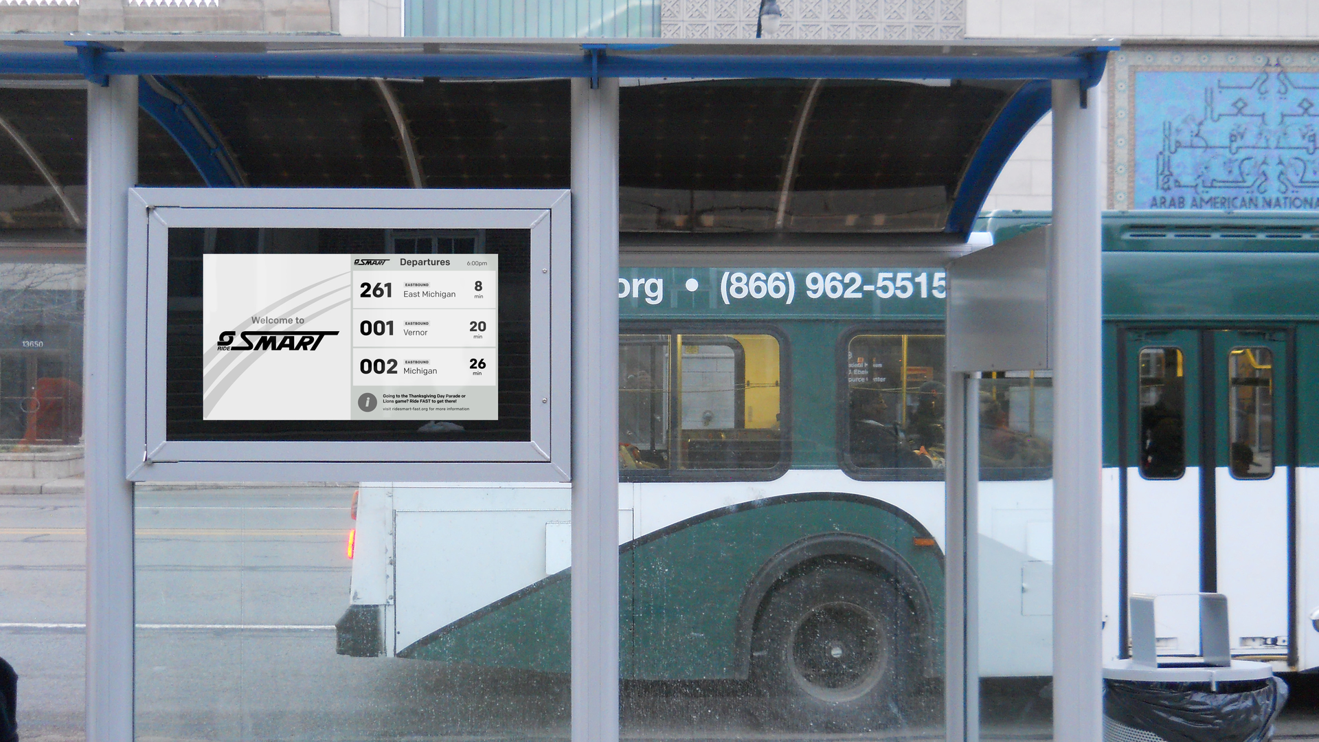 Detroit's SMART ePaper display on a bus shelter.