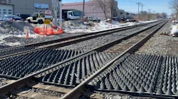 One of the level crossings in the Kitchener area – with pedestrian safety mats installed to prevent people from walking into the train corridor.