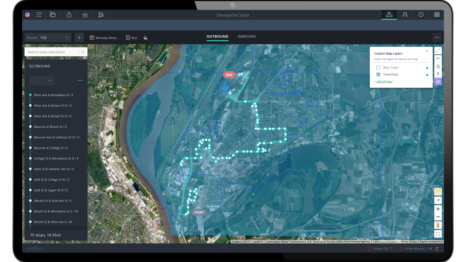 The Custom Maps Layer visualizes transportation routes alongside municipal boundaries.