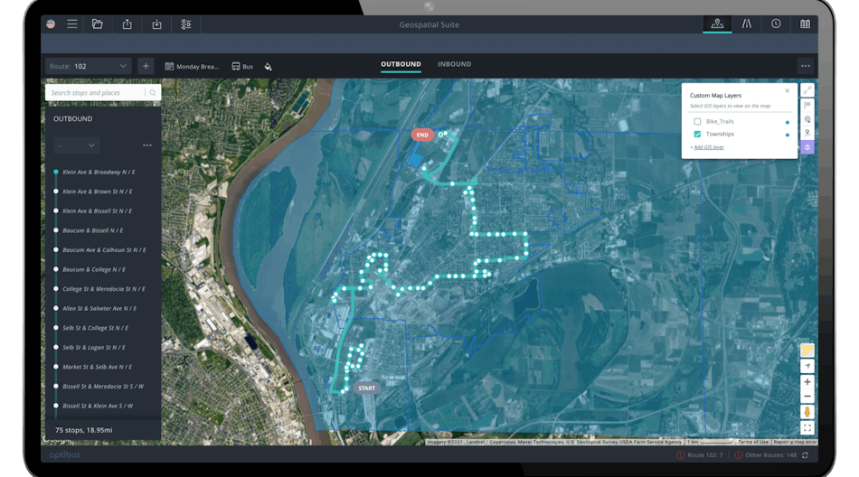 The Custom Maps Layer visualizes transportation routes alongside municipal boundaries.