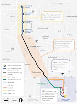Illustration of route options between Brooklyn Park and Minneapolis. The four northern stations are likely to remain the same as the previous route. It connects to Bottineau Boulevard, and then shows two main options at the southern end, with five additional options to reach Target Field.