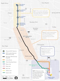 Illustration of route options between Brooklyn Park and Minneapolis. The four northern stations are likely to remain the same as the previous route. It connects to Bottineau Boulevard, and then shows two main options at the southern end, with five additional options to reach Target Field. Illustration of route options between Brooklyn Park and Minneapolis. The four northern stations are likely to remain the same as the previous route. It connects to Bottineau Boulevard, and then shows two main options at the southern end, with five additional options to reach Target Field.