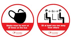 Examples of signage that Transdev has displayed to encourage mask use and social distancing. Examples of signage that Transdev has displayed to encourage mask use and social distancing.