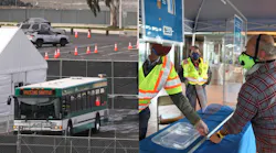 Left, an AC Transit vaccine shuttle, right, BART representatives speak with a rider about the vaccine.