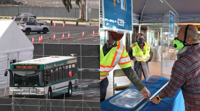 Left, an AC Transit vaccine shuttle, right, BART representatives speak with a rider about the vaccine.
