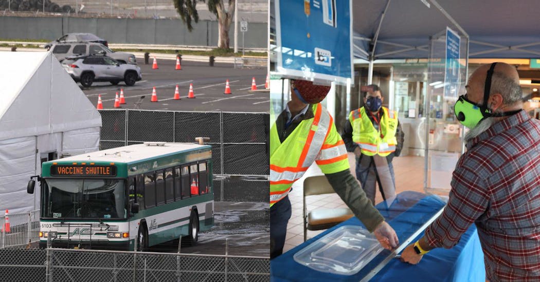Left, an AC Transit vaccine shuttle, right, BART representatives speak with a rider about the vaccine.