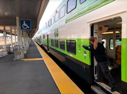 Katelyn Drysdale is seen here identifying a ‘good spot’ as well as pointing and calling ‘clear right, clear left’ before opening the remaining doors of the train for passengers. Katelyn Drysdale is seen here identifying a ‘good spot’ as well as pointing and calling ‘clear right, clear left’ before opening the remaining doors of the train for passengers.