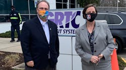 GRTC CEO Julie Timm greets Paul Comfort at their Richmond facility. Paul and his colleague KJ Reynolds were the first outside visitors to the building in a year.