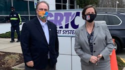 GRTC CEO Julie Timm greets Paul Comfort at their Richmond facility. Paul and his colleague KJ Reynolds were the first outside visitors to the building in a year. GRTC CEO Julie Timm greets Paul Comfort at their Richmond facility. Paul and his colleague KJ Reynolds were the first outside visitors to the building in a year.