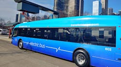One of CTA&apos;s electric buses charging at the Navy Pier bus turnaround.