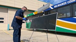 An MCTS maintenance team member applies the Aeris Guard Bioactive Filter Treatment spray. An MCTS maintenance team member applies the Aeris Guard Bioactive Filter Treatment spray.