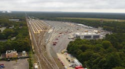An overview of the entire project site for the LIRR Mid-Suffolk Train Yard. The 11 new tracks are seen at the right, as is the new employee facility.