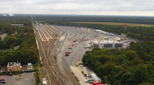 An overview of the entire project site for the LIRR Mid-Suffolk Train Yard. The 11 new tracks are seen at the right, as is the new employee facility.