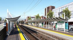 Rendering of the proposed station between Harry Agganis Way and Babcock St, with a view of the platform. Rendering of the proposed station between Harry Agganis Way and Babcock St, with a view of the platform.