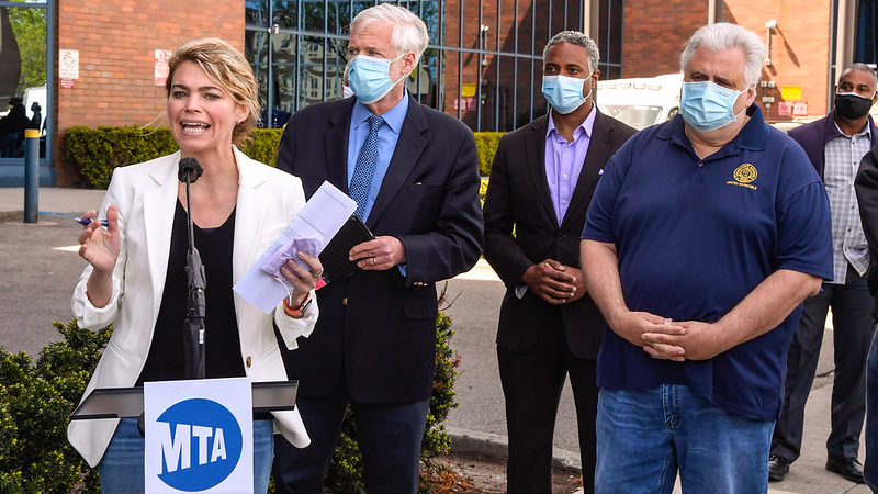 Interim NYCT President Sarah Feinberg speaks at a May 6 press conference calling for increased police and mental health support on subways following several incidents involving MTA employees, including one that left an off-duty conductor with knife wounds across his face.