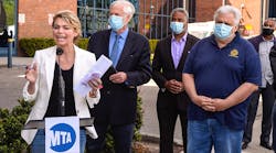Interim NYCT President Sarah Feinberg speaks at a May 6 press conference calling for increased police and mental health support on subways following several incidents involving MTA employees, including one that left an off-duty conductor with knife wounds across his face.