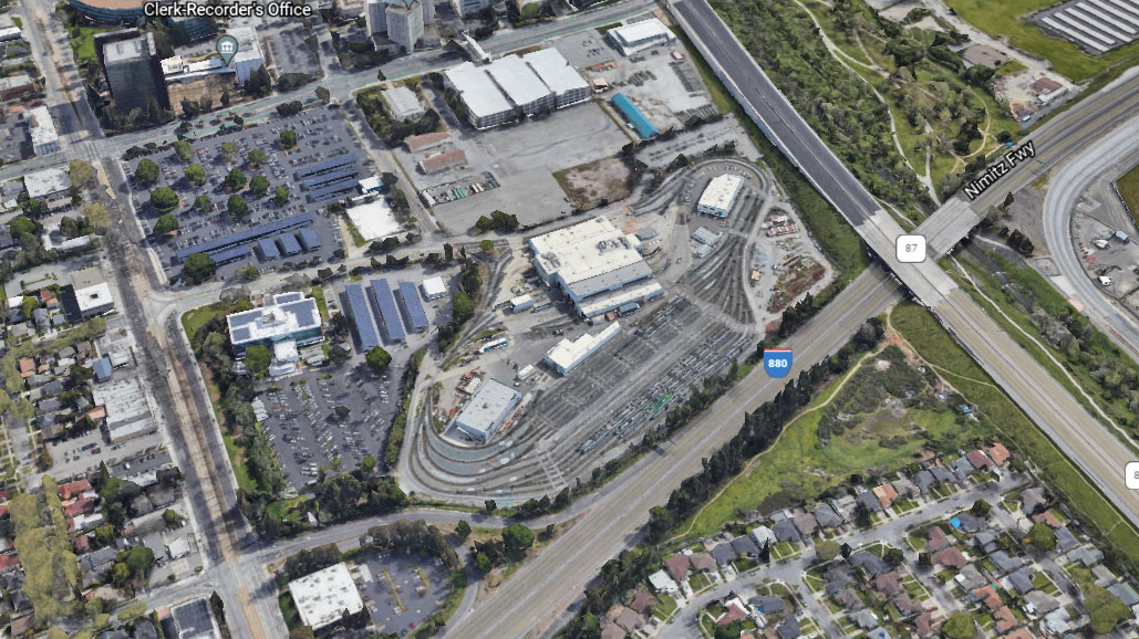 Image from Google Earth showing the Santa Clara Guadalupe Light Rail Yard.