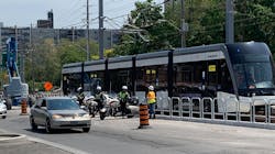 A look at one of the first Crosstown LRVs making it’s way east near Victoria Park Avenue in Toronto. A look at one of the first Crosstown LRVs making it’s way east near Victoria Park Avenue in Toronto.