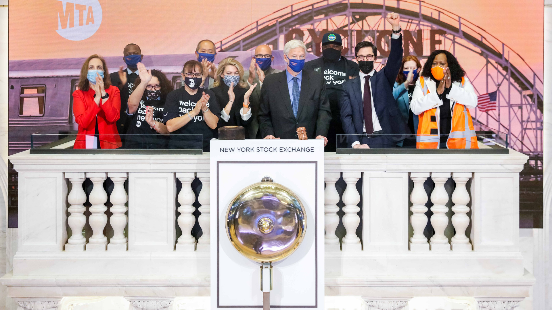 To celebrate the return of subway service, MTA leadership and frontline workers rang the New York Stock Exchange opening bell on May 17.