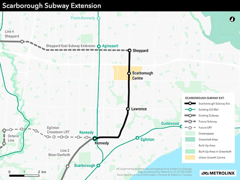 Map of the Scarborough Subway Extension.