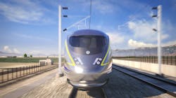 A rendering of the front of a high-speed rail train during the day. A rendering of the front of a high-speed rail train during the day.