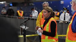 NYC Transit Interim President Sarah Feinberg speaks at the 96 St Station as the agency implements its its unprecedented 24/7 cleaning operation and new MTA Essential Plan Night Service on May 5, 2020.