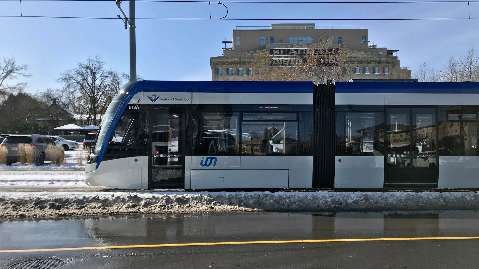 An ION light-rail train operating through the snow.