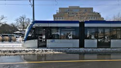An ION light-rail train operating through the snow. An ION light-rail train operating through the snow.