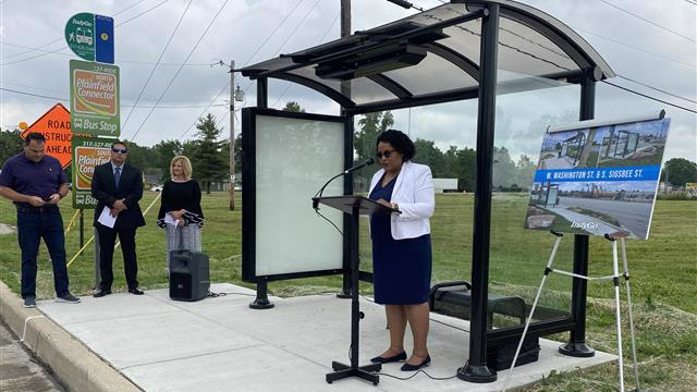 Inez Evans, IndyGo president and CEO, sharing remarks at the newly upgraded IndyGo bus stop at W. Washington St. and Bridgeport Rd.