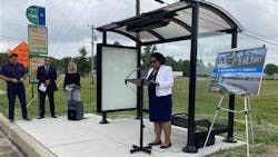 Inez Evans, IndyGo president and CEO, sharing remarks at the newly upgraded IndyGo bus stop at W. Washington St. and Bridgeport Rd. Inez Evans, IndyGo president and CEO, sharing remarks at the newly upgraded IndyGo bus stop at W. Washington St. and Bridgeport Rd.