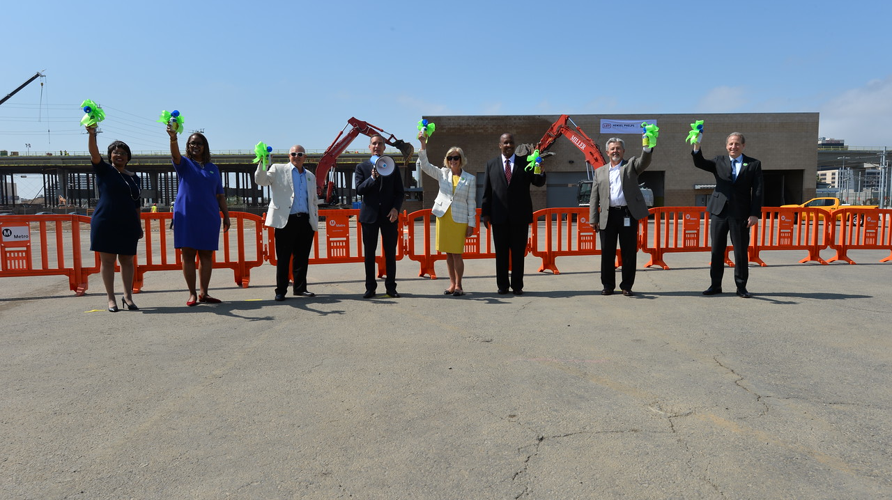 June 21, 2021 -- Officials gather to celebrate the beginning of work on the Airport Metro Connector station that will serve as the transfer point between the Metro system and the LAX Automated People Mover.