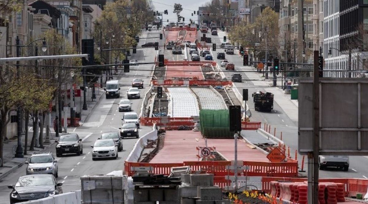 SFMTA&apos;s Van Ness BRT under construction; the project was one of 22 in the CIG Program to be allocated American Rescue Plan funds.