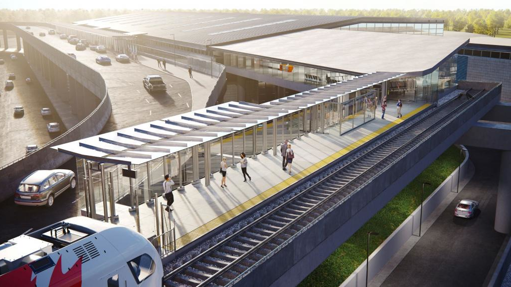 A rendering of the future LRT station at Ottawa Airport.
