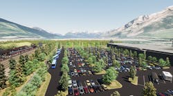 Rendering of potential North Arrival Lot and Shuttle Center: Liricon envisions a transit hub at Banff National Park where visitors can arrive via shuttles, trains, buses or personal vehicles.