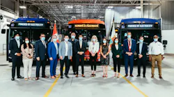 Left to right: Brampton City Councilor Wards 9 & 10 Harkirat Singh, MP Brampton South Sonia Sidhu, Regional Councilor Wards 1 & 5 Paul Vicente, Regional Chair Nando Iannicca, Mayor Patrick Brown, President ATU Local 1573 Frank Vani, MP Brampton East Maninder Sidhu, The Honourable Catherine McKenna Minister of Infrastructure and Communities, MP Brampton West Kamal Khera, MP Brampton North Ruby Sahota, Brampton Transit General Manager Alex Milojevic, President and CEO Canada Infrastructure Bank Ehren Cory, Vice-President ATU Local 1573 Dave Hewitt.