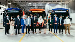 Left to right: Brampton City Councilor Wards 9 & 10 Harkirat Singh, MP Brampton South Sonia Sidhu, Regional Councilor Wards 1 & 5 Paul Vicente, Regional Chair Nando Iannicca, Mayor Patrick Brown, President ATU Local 1573 Frank Vani, MP Brampton East Maninder Sidhu, The Honourable Catherine McKenna Minister of Infrastructure and Communities, MP Brampton West Kamal Khera, MP Brampton North Ruby Sahota, Brampton Transit General Manager Alex Milojevic, President and CEO Canada Infrastructure Bank Ehren Cory, Vice-President ATU Local 1573 Dave Hewitt.