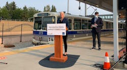 Canada&apos;s Minister of Infrastructure and Communities Catherine McKenna with Edmonton Mayor Don Iveson at an event announcing the federal government will provide up to C$394.24 million to Phase 1 of the Capital Line South Extension.