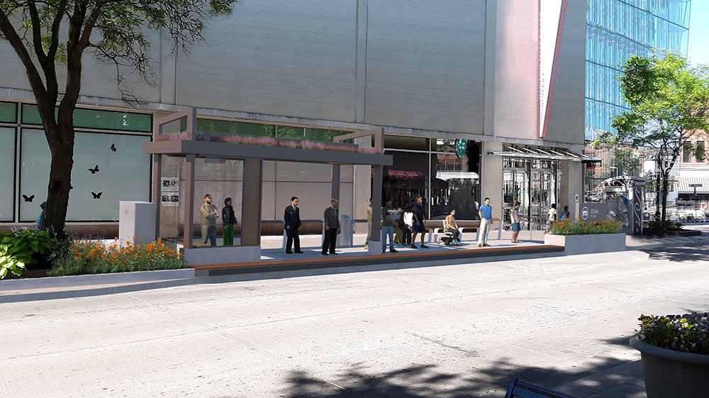 An updated rendering of a State Street shelter reflects shorter platforms and a smaller shelter with more transparent elements to make it easier to see storefront windows.