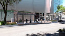 An updated rendering of a State Street shelter reflects shorter platforms and a smaller shelter with more transparent elements to make it easier to see storefront windows. An updated rendering of a State Street shelter reflects shorter platforms and a smaller shelter with more transparent elements to make it easier to see storefront windows.
