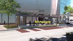 An earlier concept of a larger shelter; this design was reworked after business owners raised concerns about the impact of its size to their businesses. An earlier concept of a larger shelter; this design was reworked after business owners raised concerns about the impact of its size to their businesses.