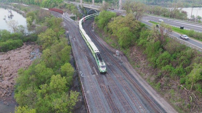 Looking south along York Boulevard where the rail corridor splits and trains can travel toward West Harbour GO by going left and and Hamilton GO Centre by going right.
