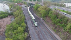 Looking south along York Boulevard where the rail corridor splits and trains can travel toward West Harbour GO by going left and and Hamilton GO Centre by going right. Looking south along York Boulevard where the rail corridor splits and trains can travel toward West Harbour GO by going left and and Hamilton GO Centre by going right.