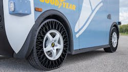 Goodyear non-pneumatic tires on a Local Motors Olli shuttle. Goodyear non-pneumatic tires on a Local Motors Olli shuttle.