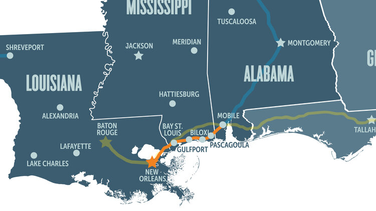 A map with the orange line indicating Amtrak's intended route to restore passenger rail service between New Orleans and Mobile.
