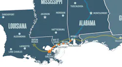 A map with the orange line indicating Amtrak's intended route to restore passenger rail service between New Orleans and Mobile.